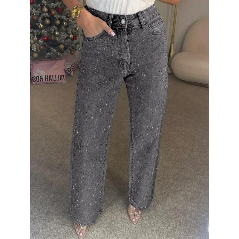 Shiny Rhinestone Jeans Pants Sexy Women High Waist Elegant Night Club Diamonds Denim Straight Trousers