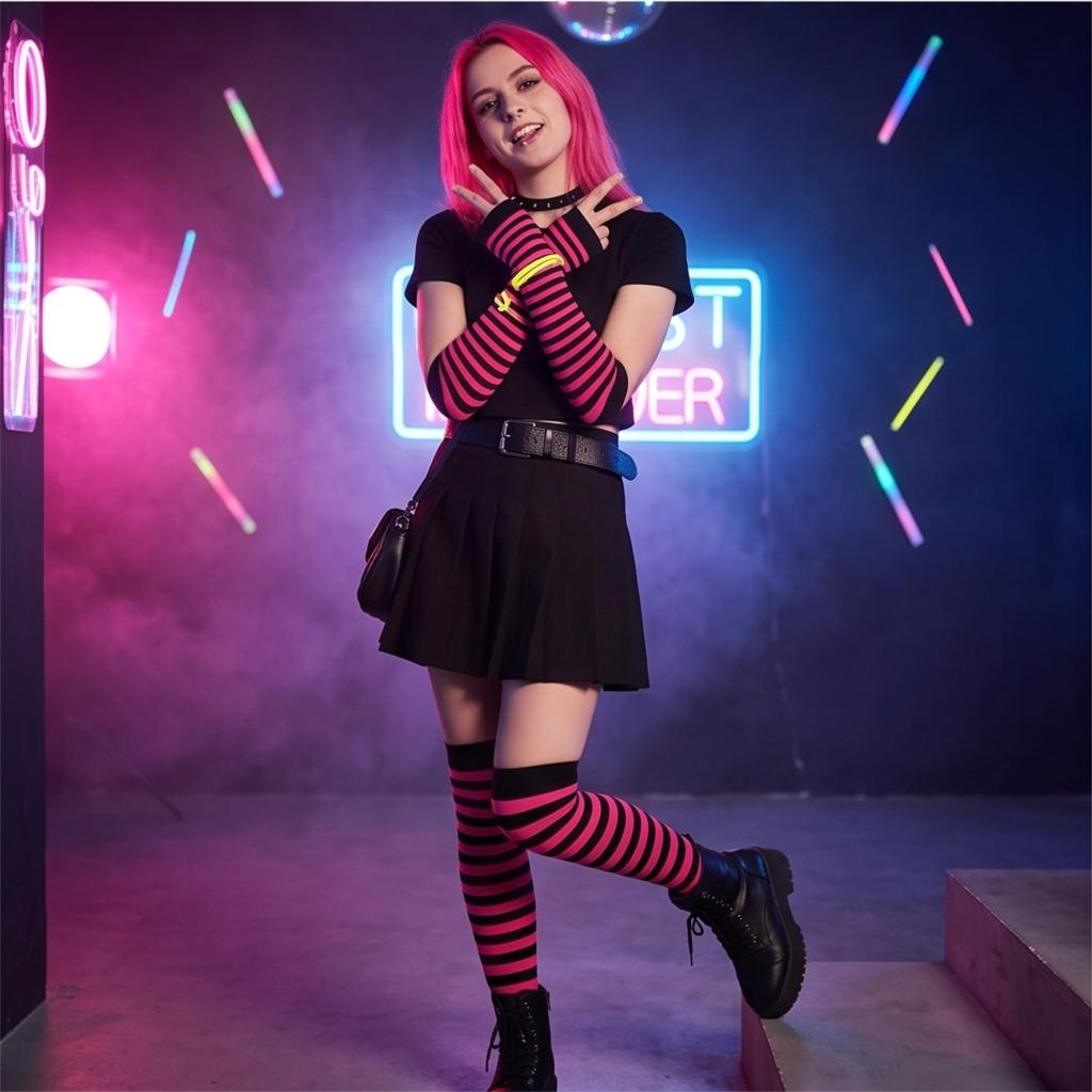 Women's Halloween Striped Over-the-Knee Socks and Gloves Set, Colorful Matching Party Costume Accessories