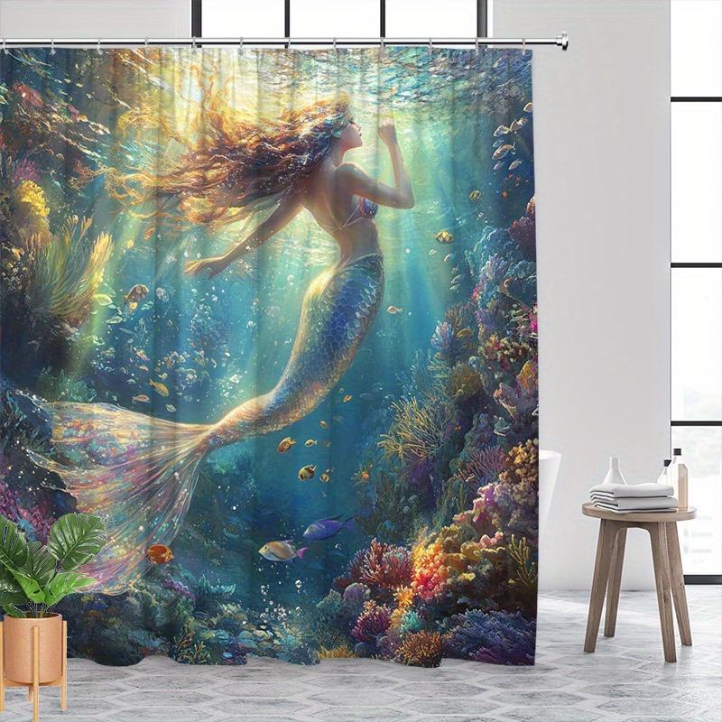Mermaid Shower Curtain Golden Hair Iridescent Tail Underwater Reef Design Polyester Machine Washable With 12 Hooks