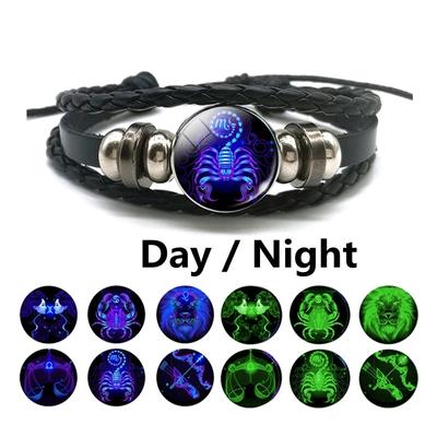 12 Constellation Luminous Weave Leather Bracelet Charm Bracelet Men Women Fashion Multilayer Zodiac Signs Bracelet Birthday Gifts