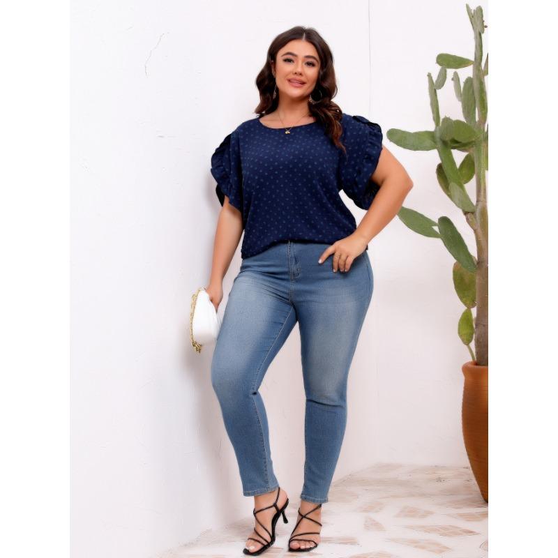 

Women s Solid Color Casual Round Neck Short Sleeve Loose Fit Top 0XL темно-синього кольору