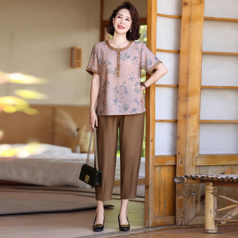 

Summer Stylish Two-Piece Set: Short-Sleeve T-Shirt & Wide-Leg Pants for Middle-Aged and Elderly Women 7XL