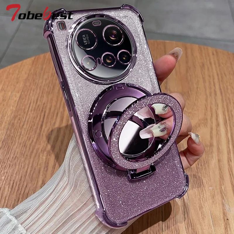 Shockproof Plating Silicone Case For Xiaomi 15 Ultra Pro Glitter Mirror Magnetic Holder Stand Soft Cover