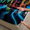 3PCS Neon Gamer Word Printed Fitted Sheet Flat Sheet Set Vibrant Gaming Bedding for Teen Boys Queen Size Trendy Room Decor