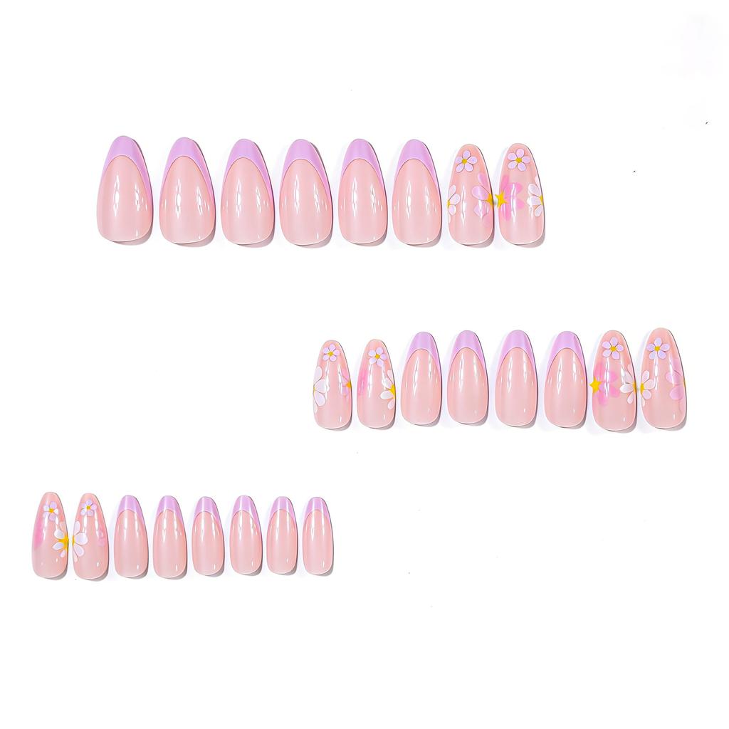 Medium and Long Almond Glossy Nail Art Spring and Summer Small Fresh French Daisy Design Wearing Nail