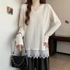 Women's Elegant Lace Trim Ribbed Knit Long Sleeve Top V-neck Loose Casual Blouse Ladies T-shirt