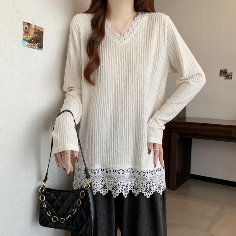 Women's Elegant Lace Trim Ribbed Knit Long Sleeve Top V-neck Loose Casual Blouse Ladies T-shirt