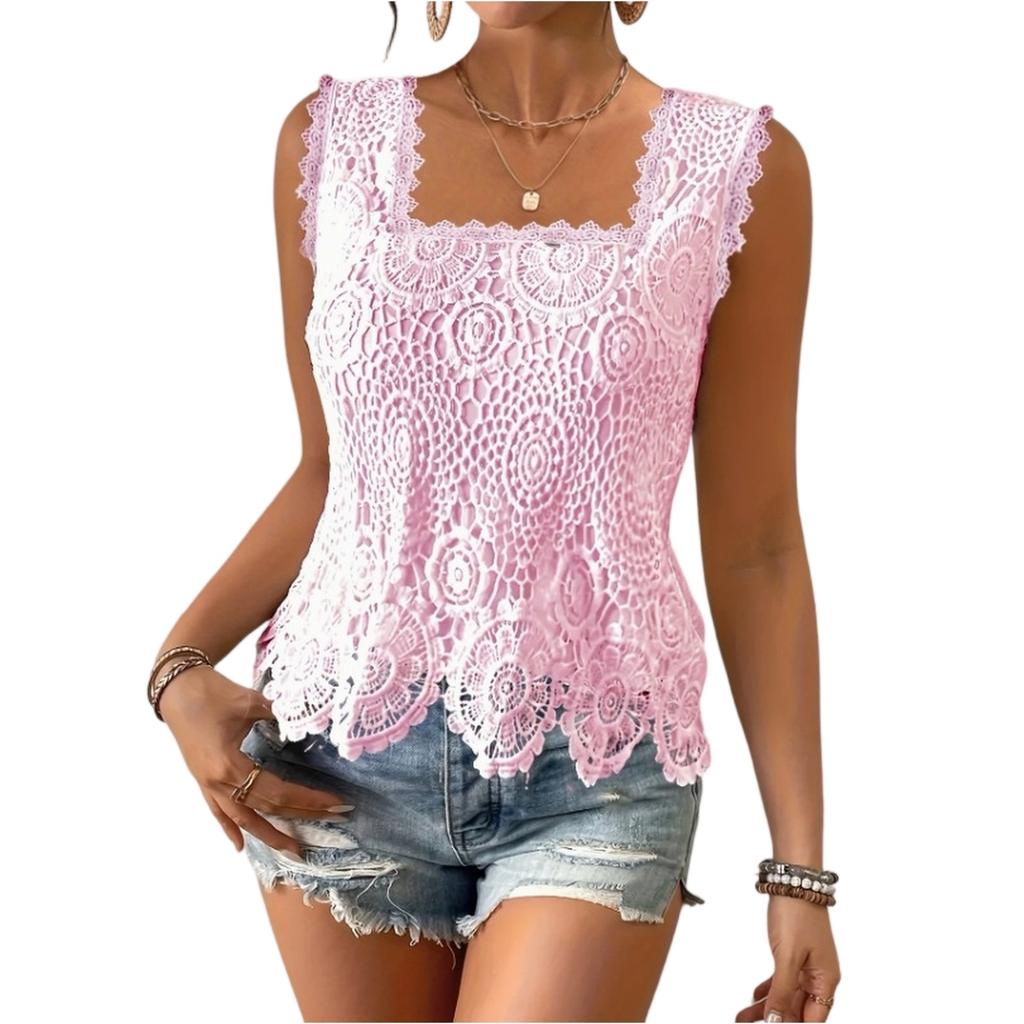 Women’s Sleeveless Lace Hollow Out Square Neck Elegant Top Fashionable Crochet Tank Blouse for Summer Casual Wear