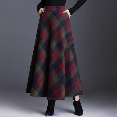 Winter New Fashion Versatile High Waist Woolen Half Skirt Women's Printed Plaid Patchwork Pockets Warm A-line Large Swing Skirt