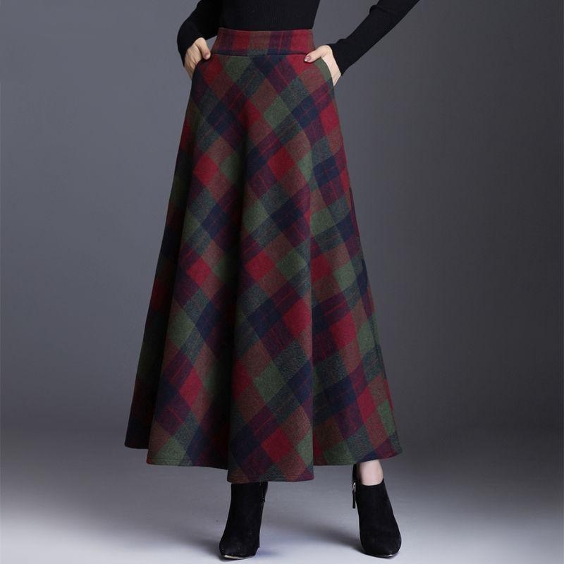 Winter New Fashion Versatile High Waist Woolen Half Skirt Women's Printed Plaid Patchwork Pockets Warm A-line Large Swing Skirt