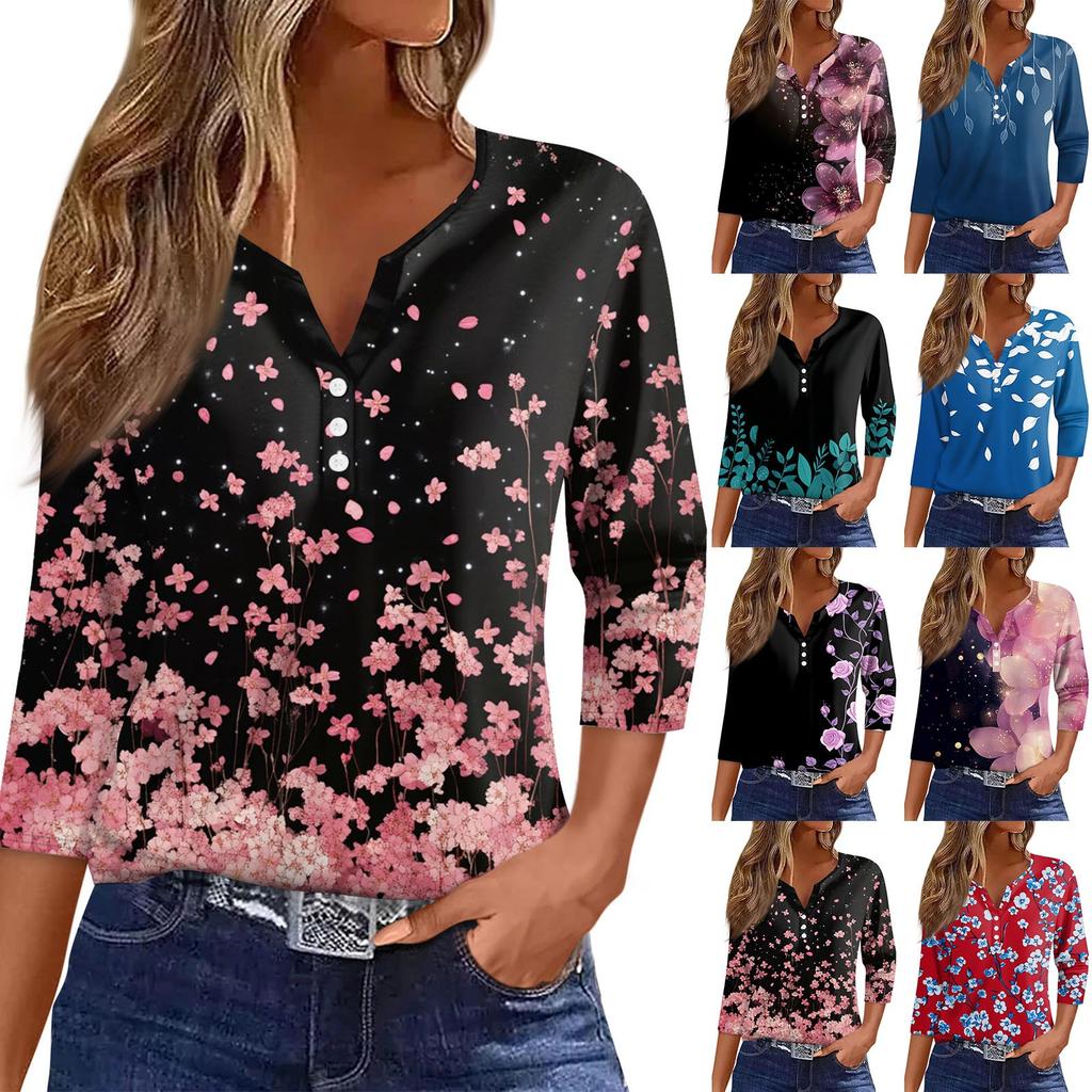 Damen-T-Shirt, T-Shirt, bedruckt, Knopfleiste, 3/4-Ärmel, tägliches Wochenende, modisch, Basic, V-Ausschnitt, normales Oberteil