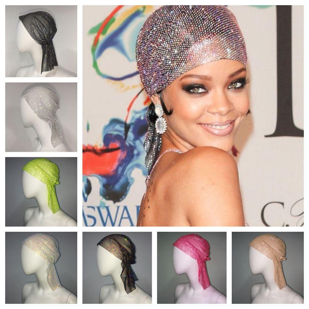 Vintage Aurora Borealis Hair Band Crystal Fishnet Headscarf Rhinestone Bandana  Streetwear