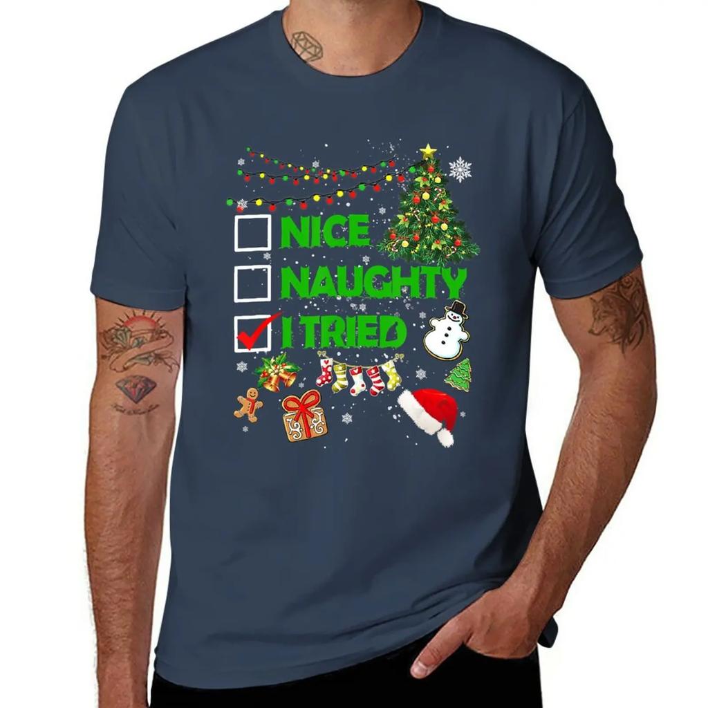 New Christmas Nice Naughty I Tried Xmas Tree Light Pajamas T-Shirt Shirts Graphic Tees Graphic T Shirts Black T Shirts for Men
