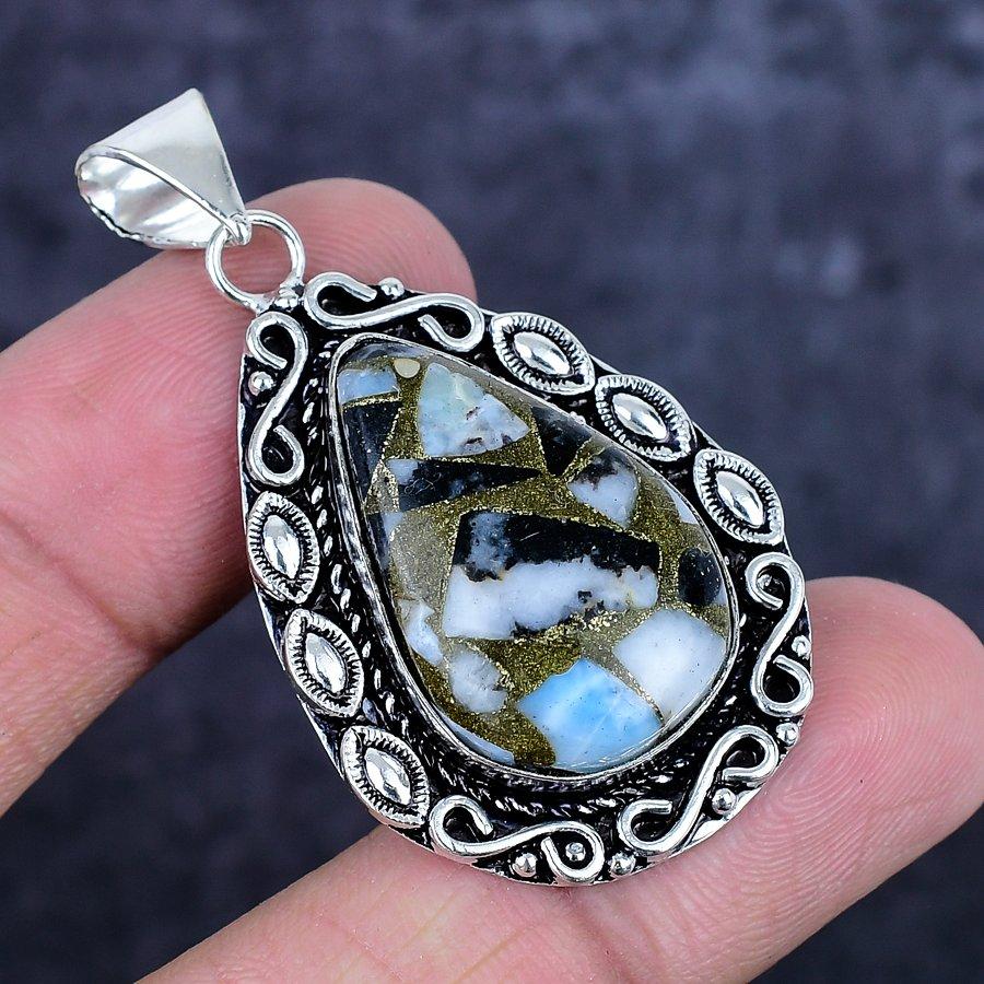 Natural Copper Larimar Gemstone 925 Sterling Silver Jewelry Pendant 2.05" ETC-14292