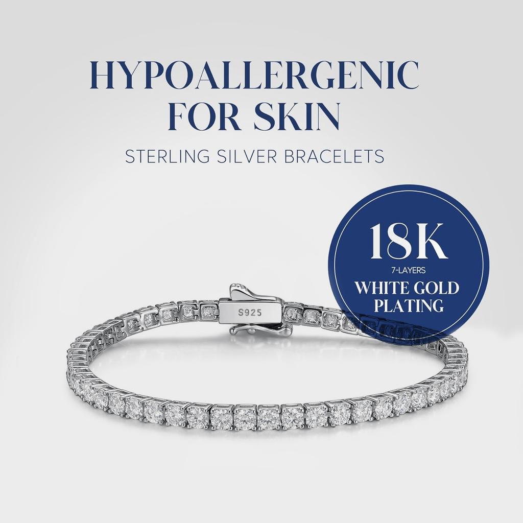 S925 Silvery Tennis Bracelet 2/ 3/ 4/ 5mm Moissanite Fine Jewelry Hypoallergenic 6.69-8.66inch Length