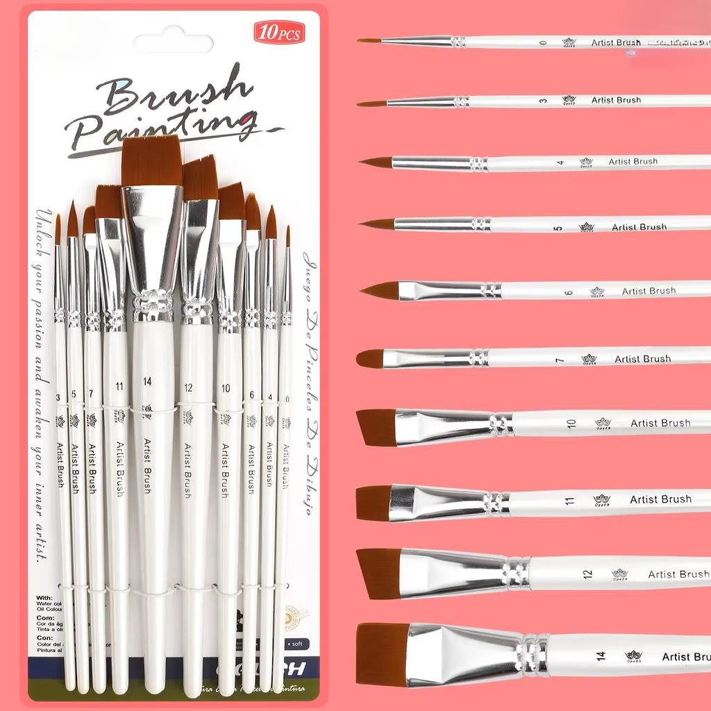 10pc Paint Brush Set with Wood Handles Soft Nylon Liner Brushes for Watercolor Dual Use Art Makeup Brushes Art Supplies