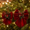 Velvet Ribbon for Christmas Wreaths Bow, Burgundy Red Hanging Bow Ornament with Versatile Garland Decorations Berries Pine Cones Holiday Tree