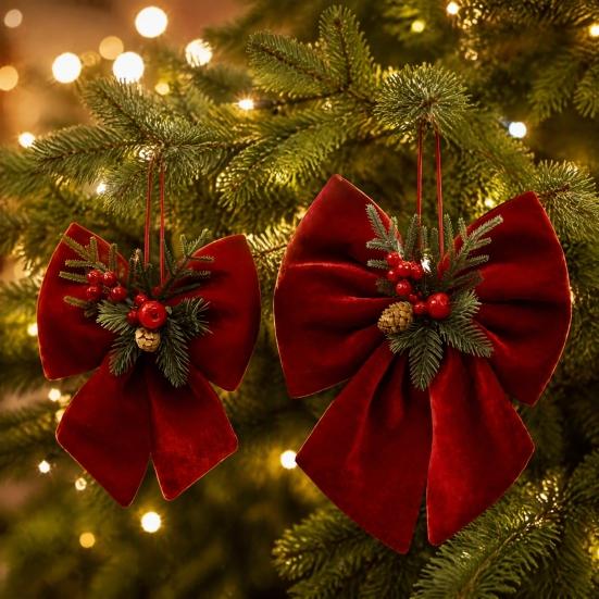 Velvet Ribbon for Christmas Wreaths Bow, Burgundy Red Hanging Bow Ornament with Versatile Garland Decorations Berries Pine Cones Holiday Tree