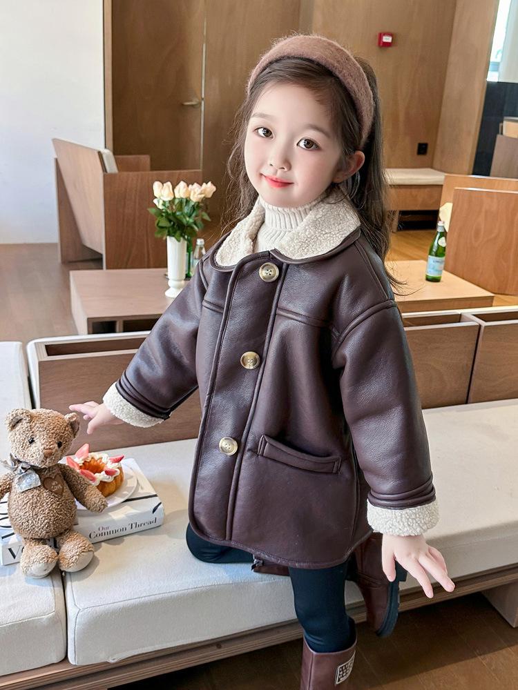 Girls' 2025 Fleece-Lined Leather Jacket - Thickened Winter & Autumn Fashion Coat