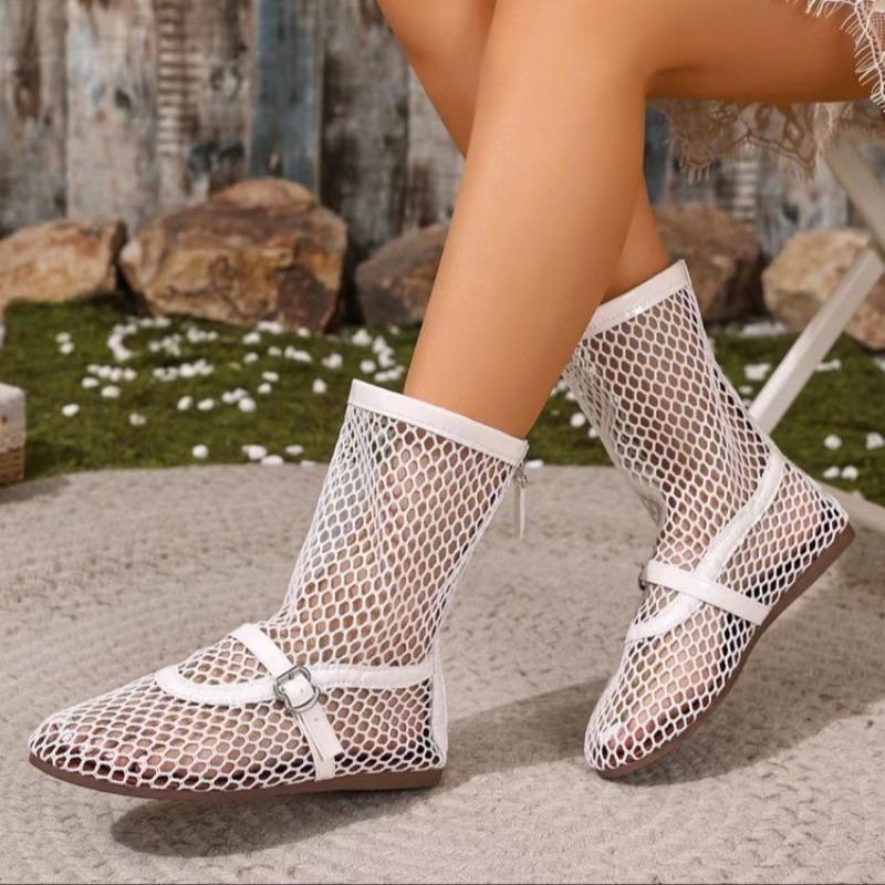 Women's Spring-Summer Breathable Mesh Roman Style Flat Round-Toe Sandals, Sexy Hollow Short Boots, Black Trendy Footwear.