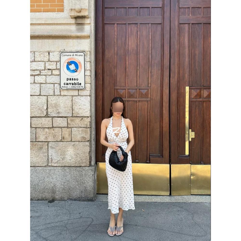 Girl Dress Retro Neck Strap V-neck Sleeveless Slim Fit and Thin Polka Dot Backless White Dress