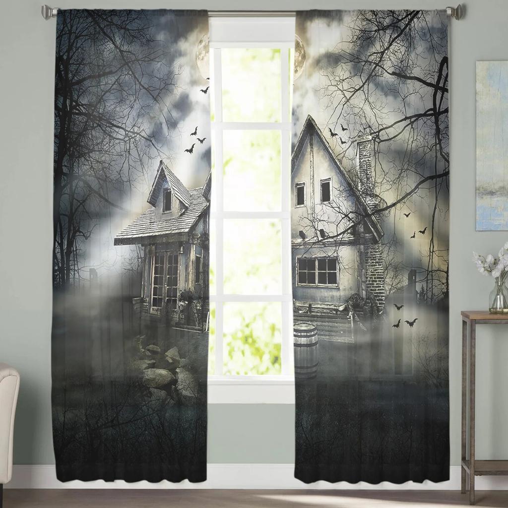 Woods Moon Bat Spökhus Moderna Tyllgardiner för Vardagsrum Sovrum Hem Kök Fönster Skira Gardiner