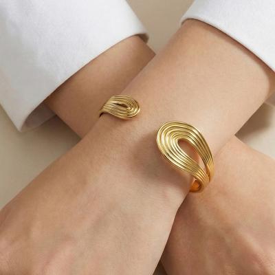 Vantage Stainless Steel Textured Open Bangle Bracelet for Women, 18K Gold Plated Statement Jewelry Party Gift Bijoux