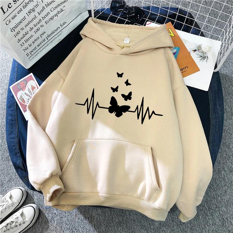 Fashion Butterfly Heartbeat Graphic Print Kangaroo Pocket Hoodie Women's Autunm Winter Warm Sweatshirt Funny Y2k Women Clothing