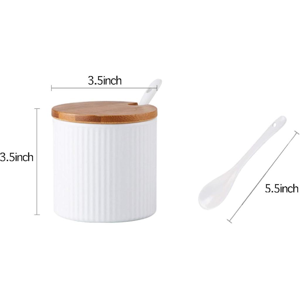 Ceramic Embossed Stripe Sugar Bowl Spice Jar Storage Seasoning Pot with Lid Spoon