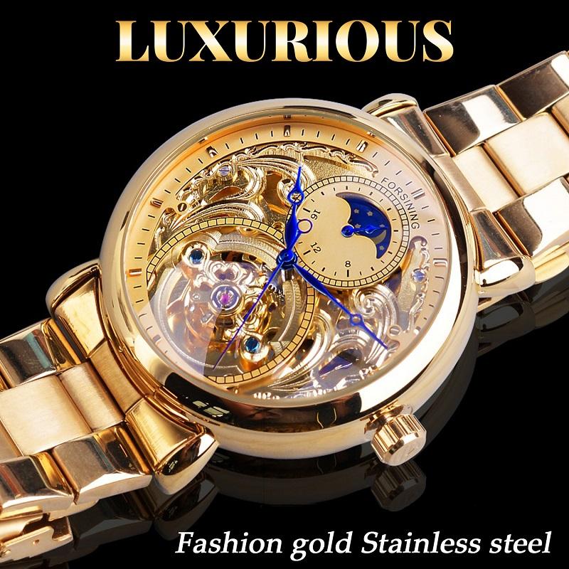 Forsining Orologio da uomo alla moda, per il tempo libero, con intagli lunari scavati e orologio meccanico scavato