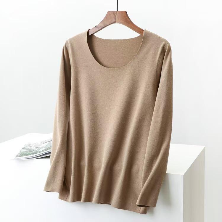 Women's Double-Sided German Velvet Crew Neck Long Sleeve Thermal Top, 2025 Autumn/Winter, Slim Fit, Solid Color