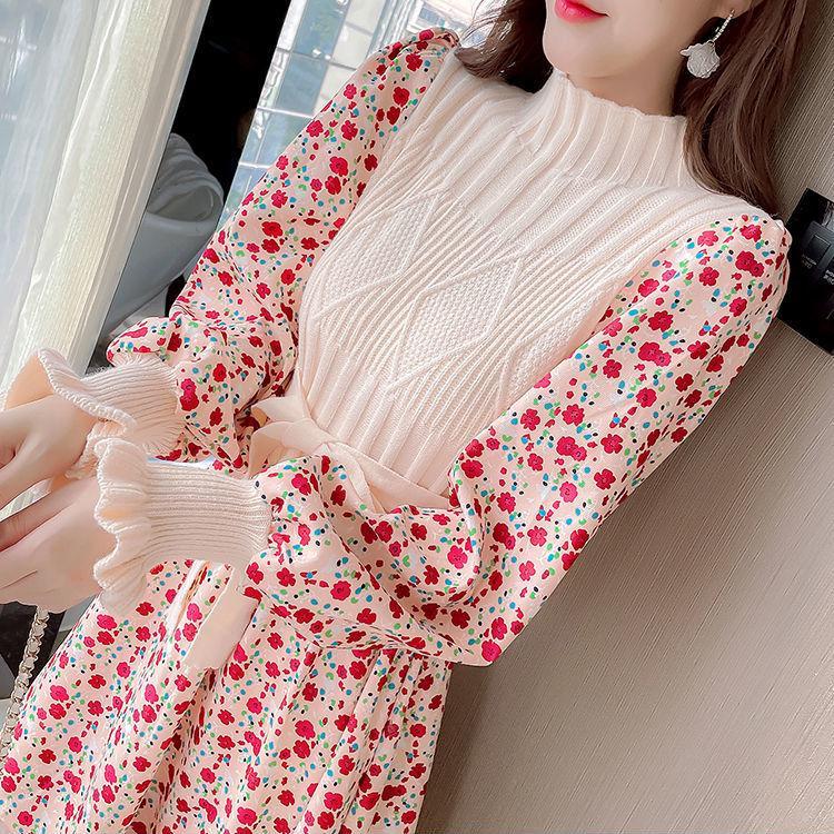 Autumn  Winter Corduroy Dress Women's Knitted Stitching Long-sleeved Long Floral Dress Sweet A-line Dress with Belt