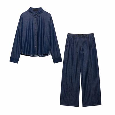 Women's Oversized Two Piece Pantsuit Long Sleeve Denim Shirt High Rise Wide Leg Trousers Matching Set