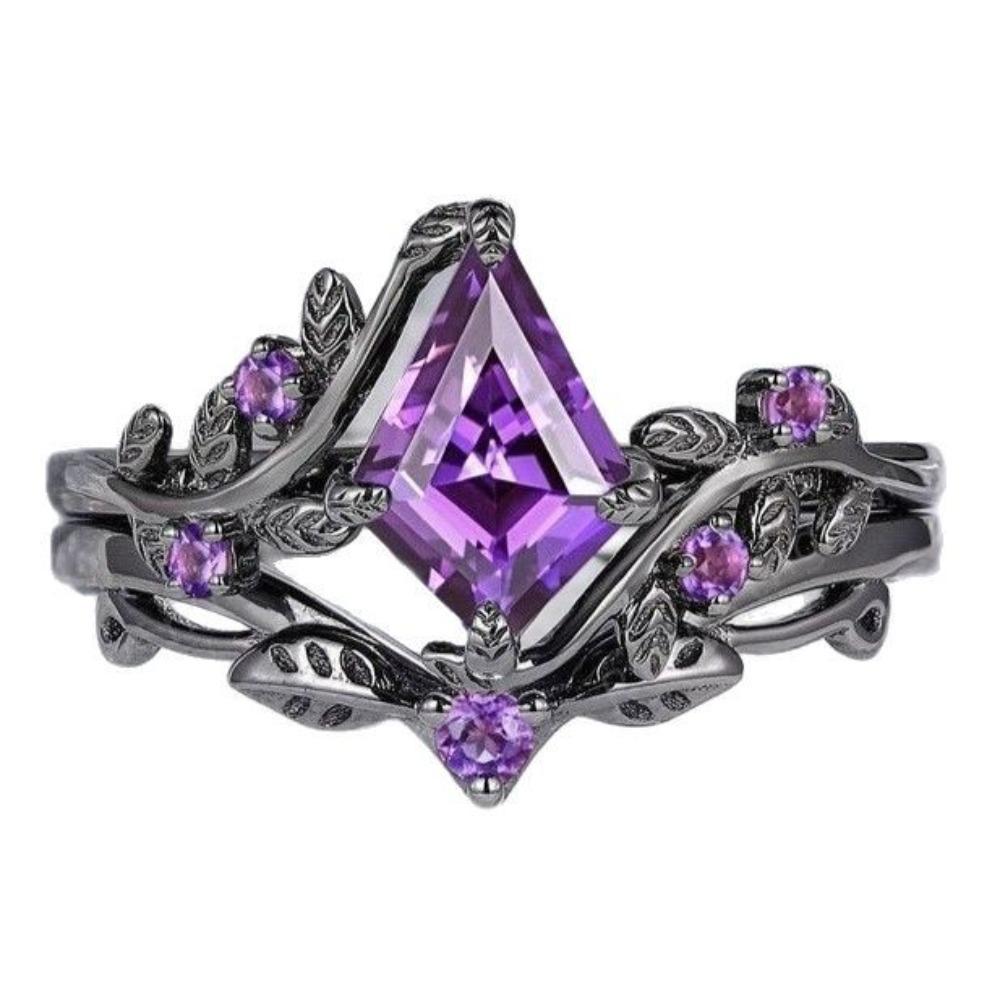 2pcs Set Retro Gothic Irregular Rhombus Branches Cross Gun Black Purple Crystal Couple Rings for Women Jewelry Accessories Gifts