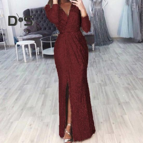 Abendkleid für Damen, tiefer V-Ausschnitt, Pailletten-Dekor, lange Ärmel, elastische Taille, plissiert, geteilter Saum, einfarbig, formelle Anlässe, Hochzeit, Party, Abschlussball, Maxikleid