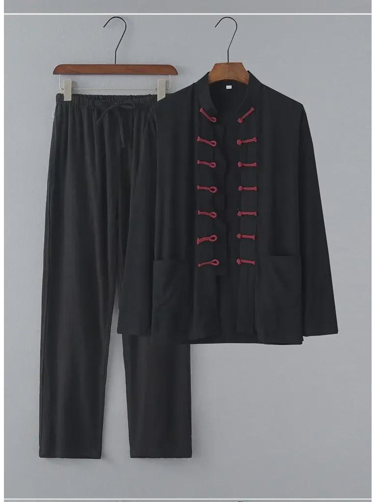Chinese Style Summer Linen Tang Suit: Men's Retro Hanfu Long-Sleeved Jacket for Middle-Aged and Elderly
