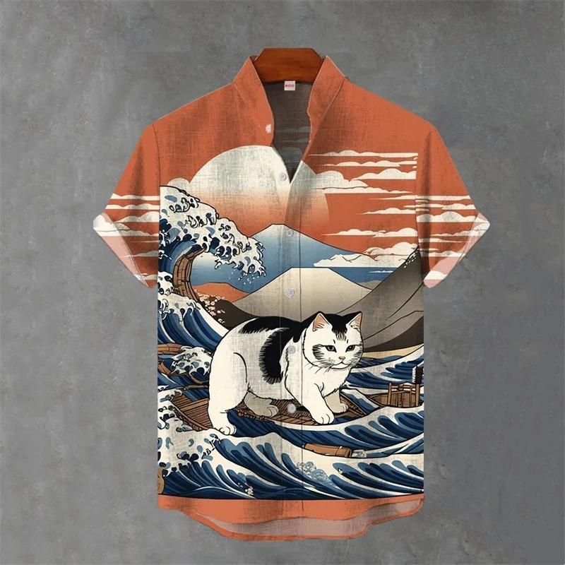 Japanese Animal Graphic Men's Shirt Summer Casual Short Sleeve Tops Hawaiian Tiger Shirts Men Oversized Lapel Button T-Shirt Man