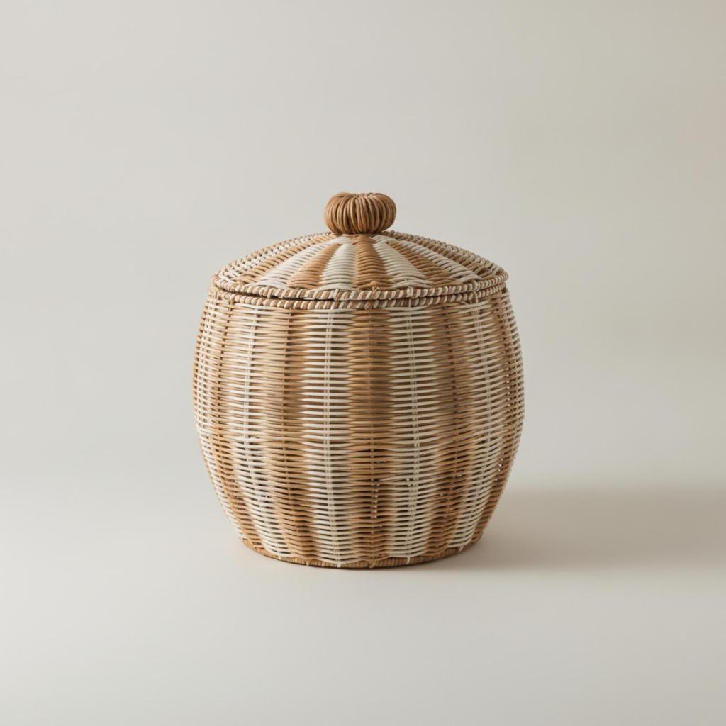 Round Woven Storage Basket with Lid Dust-Resistant for Bedroom Nightstands
