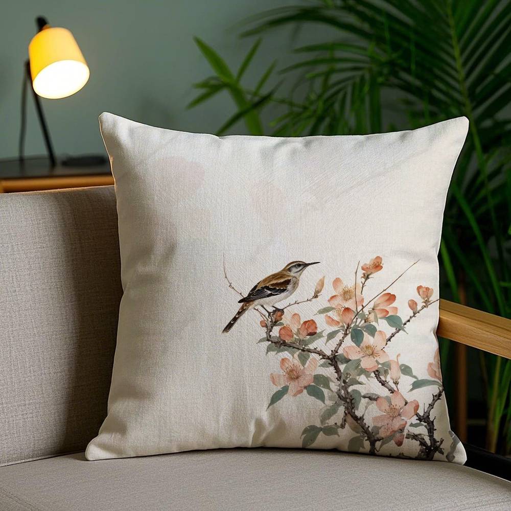 

Chinese Style Simple Bird Flowers Pillow Case Anti-dustmite Pillowcase Invisible zipper silky short plush Sofa cushion cover 12x12Inch