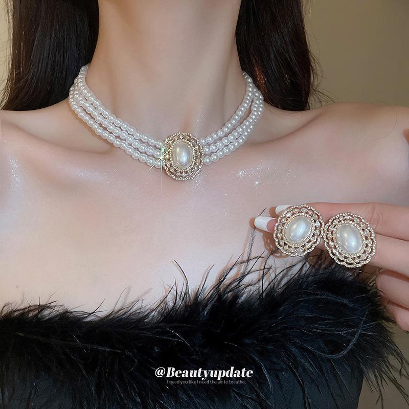 Artificial Pearl Multi-layer Diamond Stud Earrings Necklace Set Light Luxury Collarbone Chain Retro Court Style Jewelry