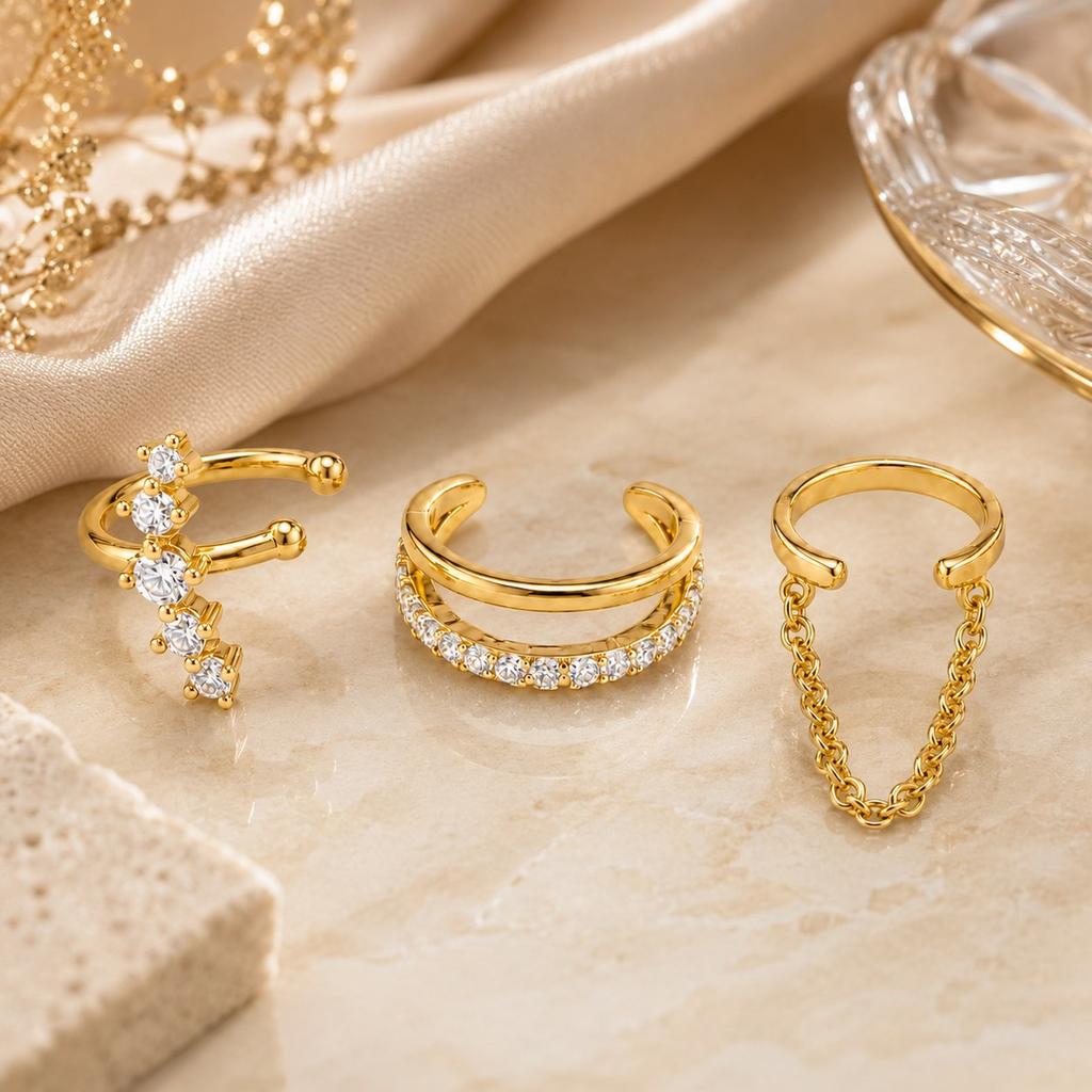 Ear Cuffs for Women, 3pcs Round Zircon Cartilage Clips, Tassel Chain No Piercing Minimalist Jewelry