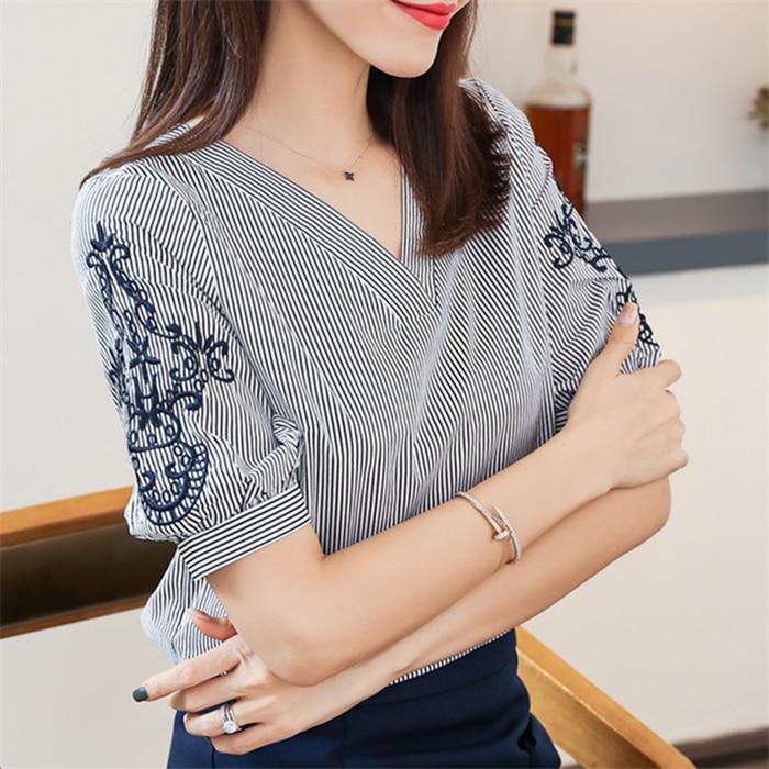 SURWENYUE Camicette estive in chiffon Camicie Top a righe moda Ricamo Manica corta Abbigliamento donna