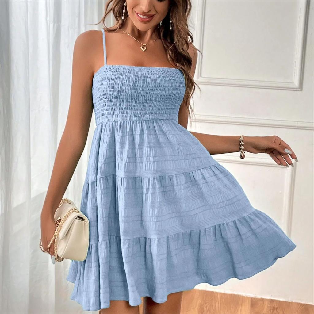 2025 European and American Women's Summer New One-piece Neck Slim Suspender Solid Color Versatile Texture Dress