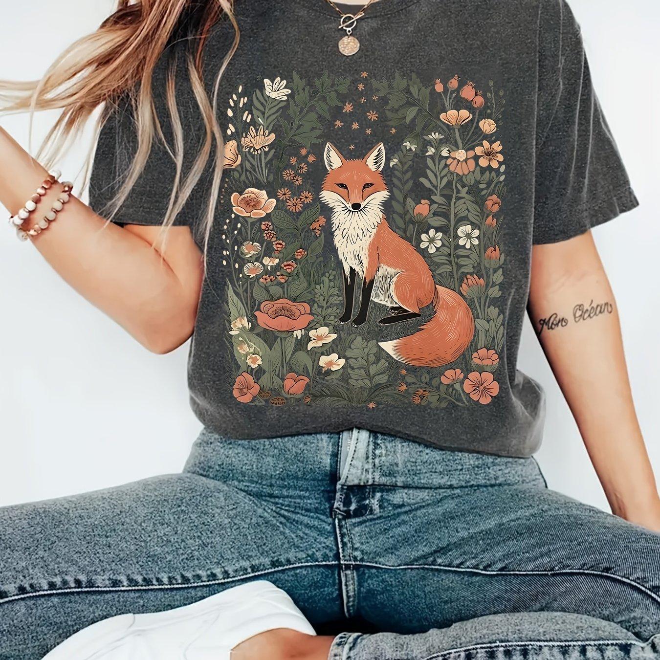 WomenS Casual TShirt with Fox and Flower Print S