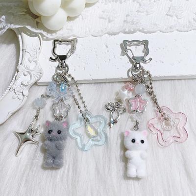 Creative Cute Flocked Kitten Strawberry Pendant Keychain Sweet Animal Keyring Backpack Decoration Accessories Best Friend Gifts