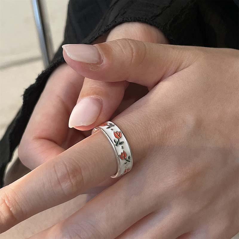 Vintage Enamel Tulip Flower Rings for Women Fashion Simple Sliver Color Adjustable Opening Finger Ring Party Weeding Jewelry