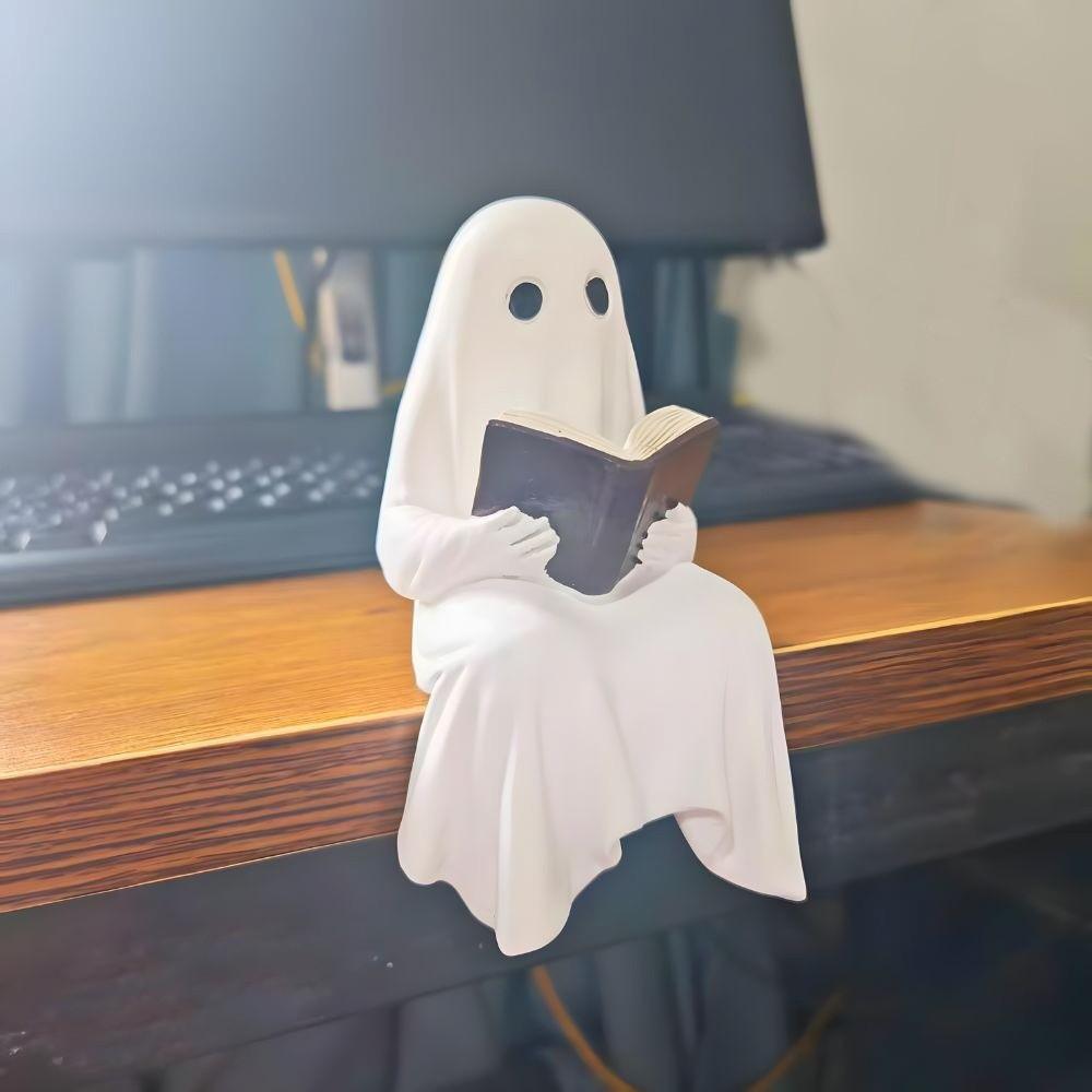 New Halloween Sit Specter Statue with Book Resin Specter Ornament Miniature Size Reading Specter Statue Party Accessories