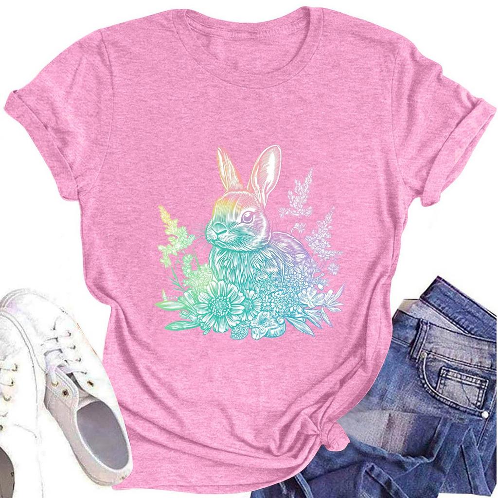 Dámské módní tričko s kulatým výstřihem a krátkým rukávem s velikonočním potiskem, ležérní top