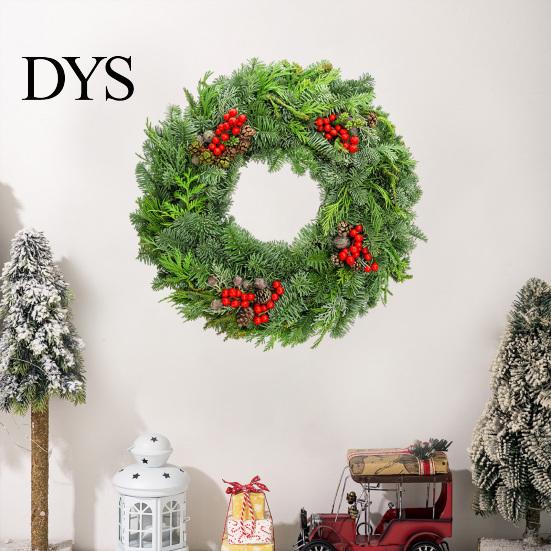 Indoor Outdoor Seasonal Ornament Christmas Garland Wall Sticker, Pine And Cypress Branch Decal with Red Berries & Peel Stick Cones, Xmas Wreath