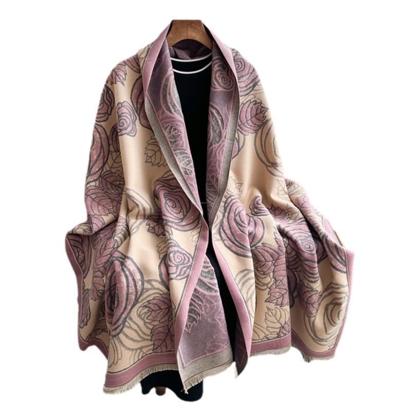 Rose Thickened Imitation Cashmere Scarf Women'S Warm Air Conditioner Shawl Outer Scarf Dual-Purpose